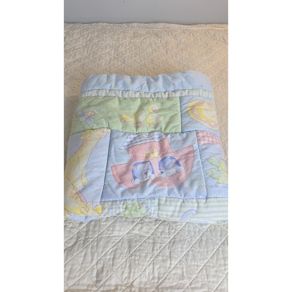 Vintage Baby Quilt Noah's Ark Animals Pastel Crib Quilt 40 x 30" Patchwork Puffy